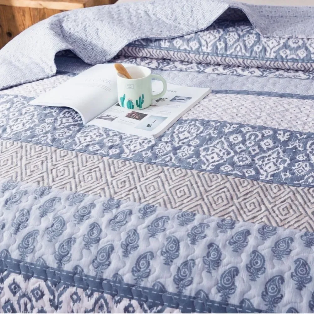 Cottage Boho Printed Queen Quilt Set Granny Shabby Chic Country Rustic New